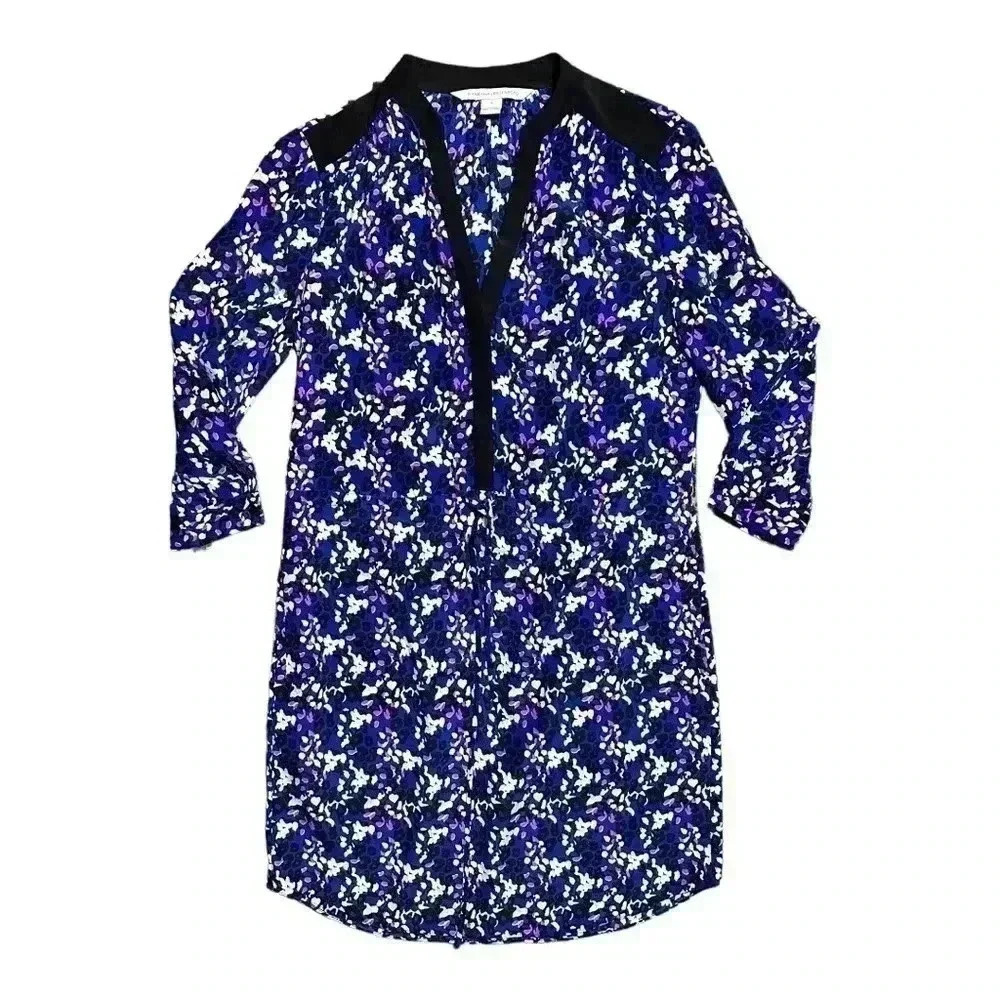 Diane von Furstenberg DVF Silk Tie Waist Dress 0 Mid Length Blue Floral Pockets